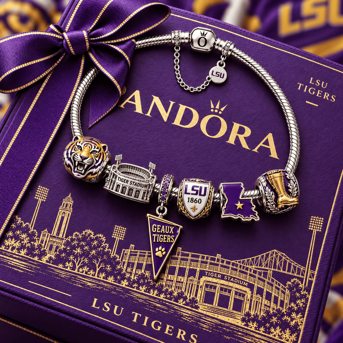 LSU Silver Charm Bracelet Set PTT
